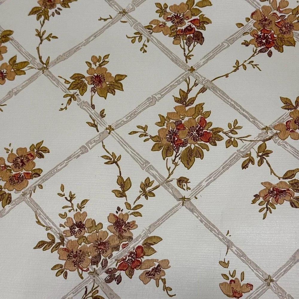 Vintage Floral Lattice Wallpaper Roll Cream Brown Cottagecore 1970s Decor